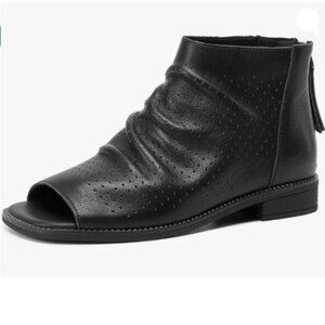 FSJ Women Peep Open Toe Boots Slouchy Low Block Heel  Booties Flats Sandal Black